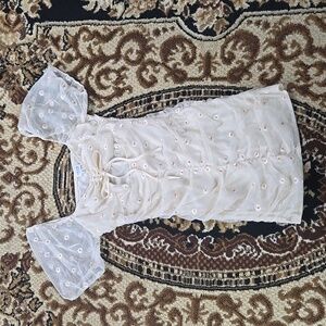 Le Lis Ruched Daisy Cutout Mini Dress Sheer Puff Sleeves Fairycore Lana Del Rey